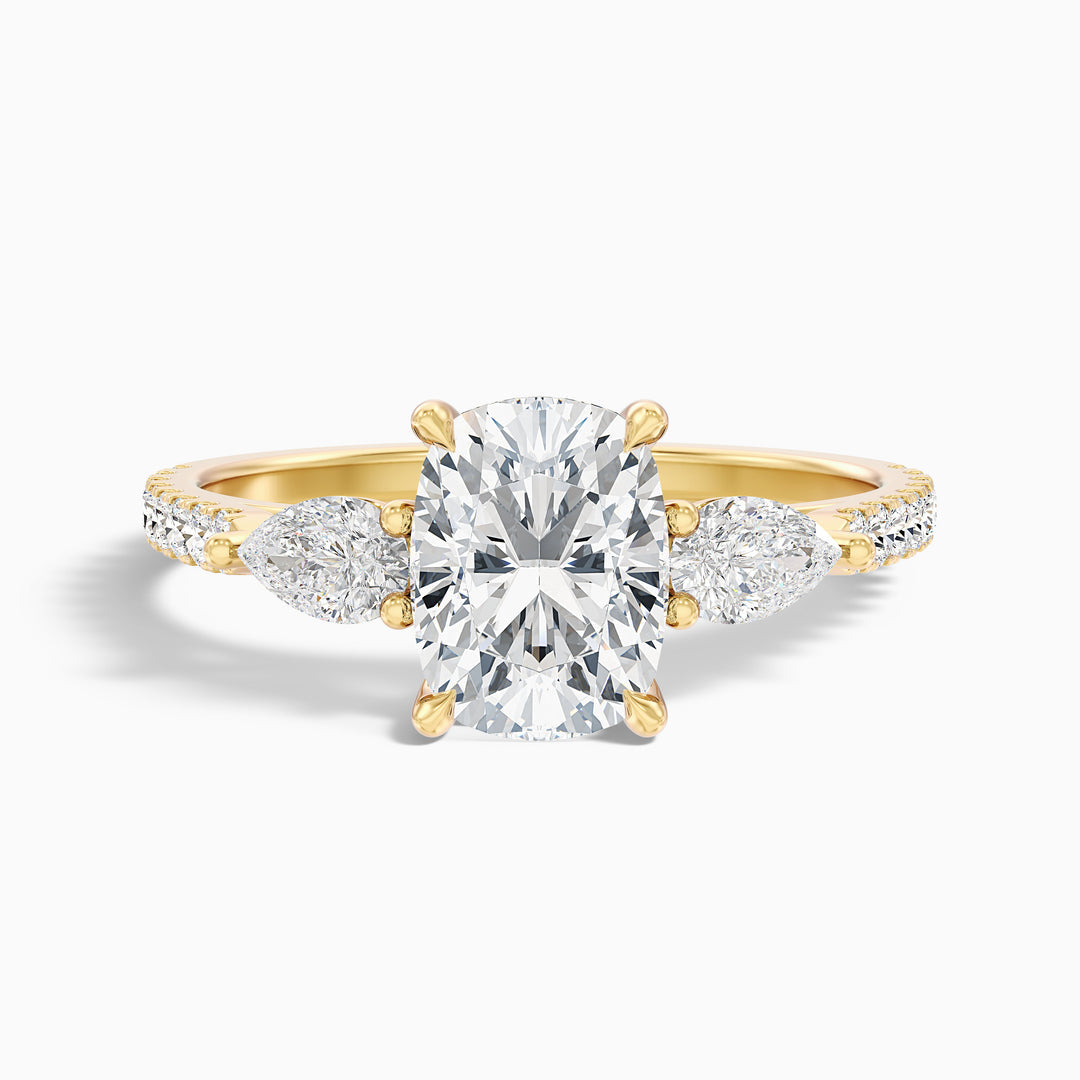 Noorie Three Stone Pave Ring with Pear Side Stones and an Elongated Cushion Lab Grown Diamond