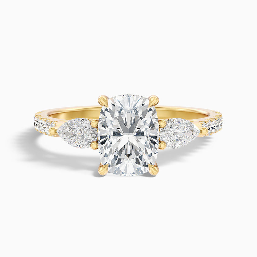 Noorie Three Stone Pave Ring with Pear Side Stones and an Elongated Cushion Lab Grown Diamond