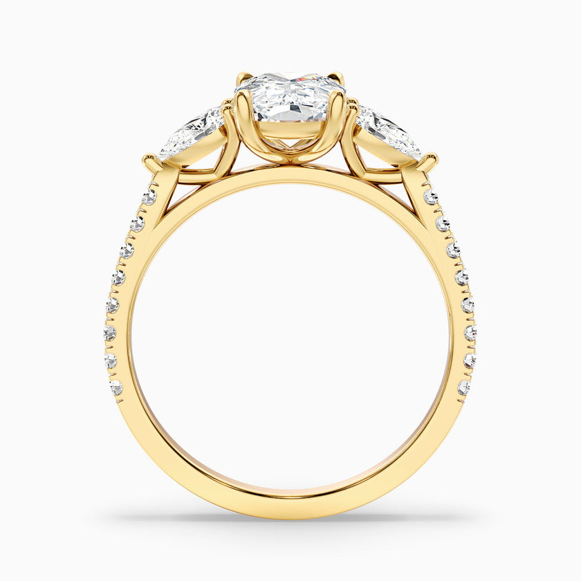 Noorie Three Stone Pave Ring with Pear Side Stones and an Elongated Cushion Lab Grown Diamond