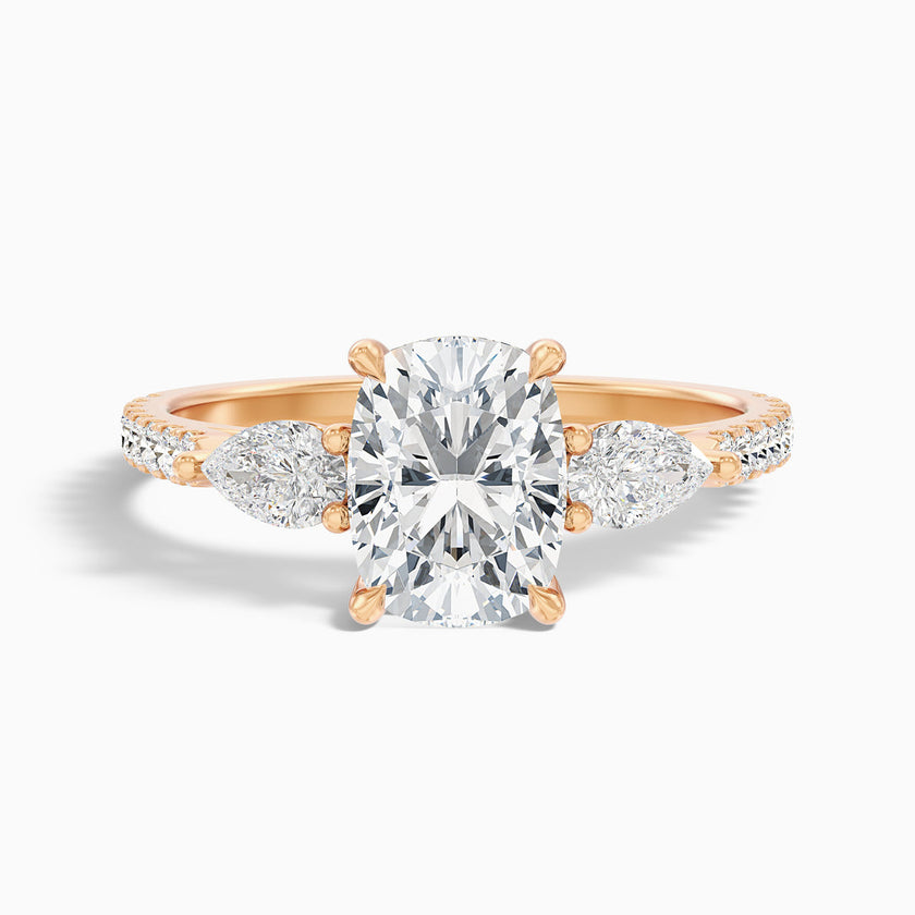 Noorie Three Stone Pave Ring with Pear Side Stones and an Elongated Cushion Lab Grown Diamond
