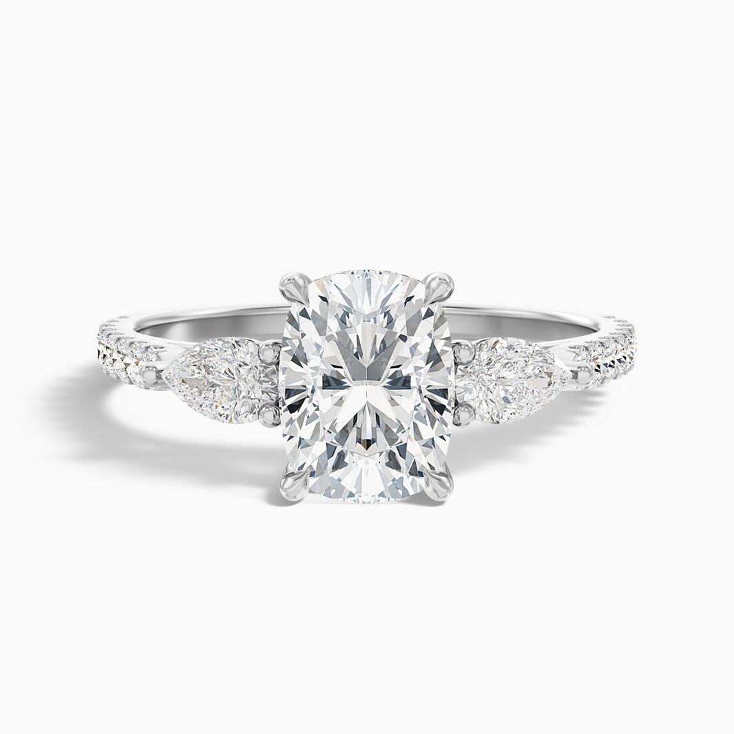 Noorie Three Stone Pave Ring with Pear Side Stones and an Elongated Cushion Lab Grown Diamond