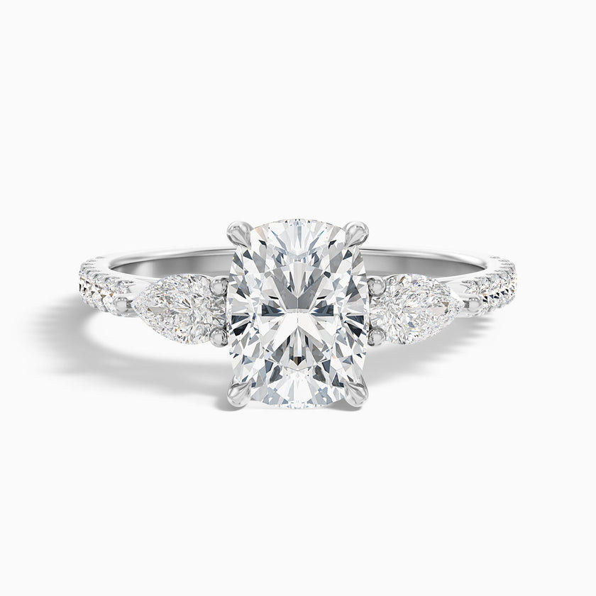 Noorie Three Stone Pave Ring with Pear Side Stones and an Elongated Cushion Lab Grown Diamond