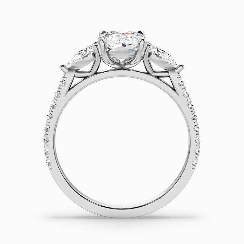 Noorie Three Stone Pave Ring with Pear Side Stones and an Elongated Cushion Lab Grown Diamond