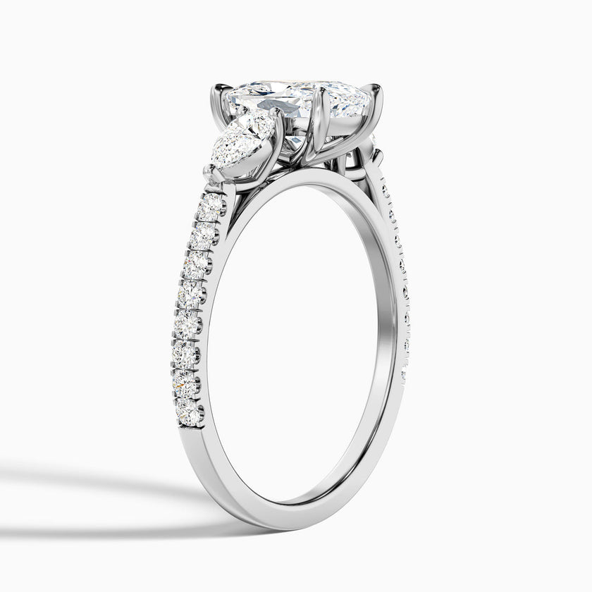 Noorie Three Stone Pave Ring with Pear Side Stones and an Elongated Cushion Lab Grown Diamond