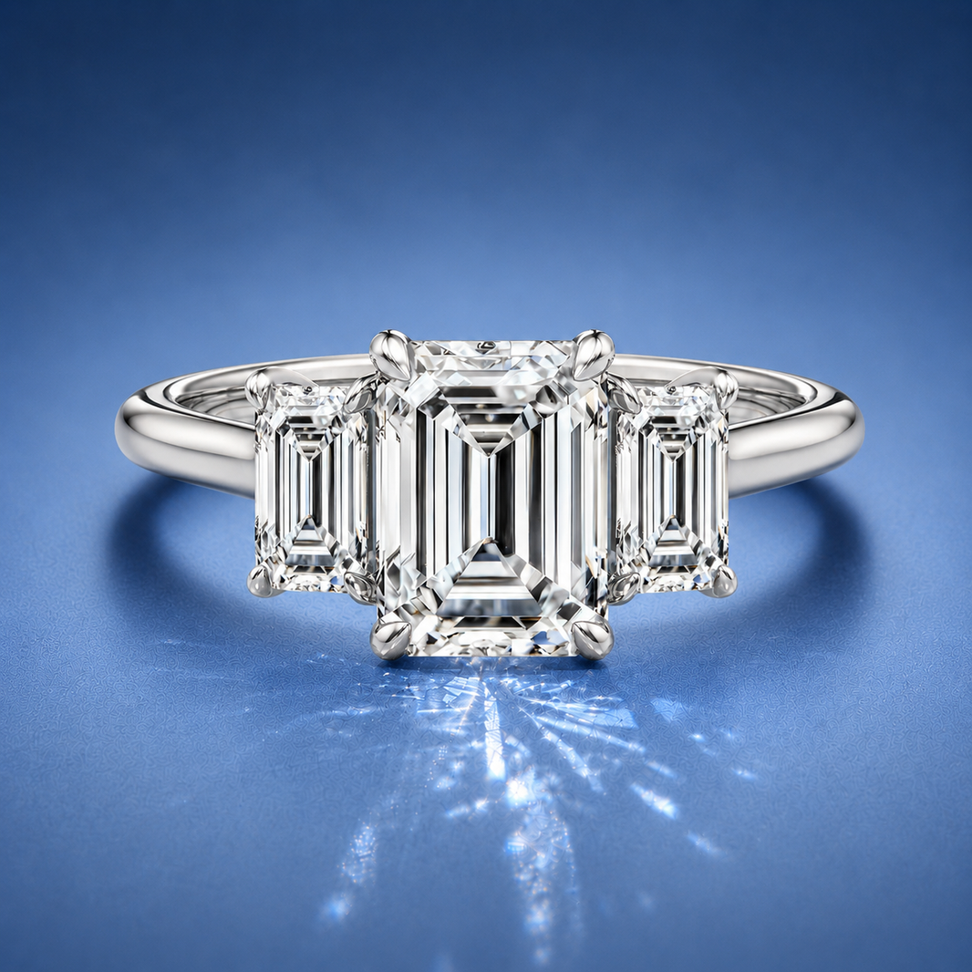 Venetia Emerald Three Stone Diamond Engagement Ring