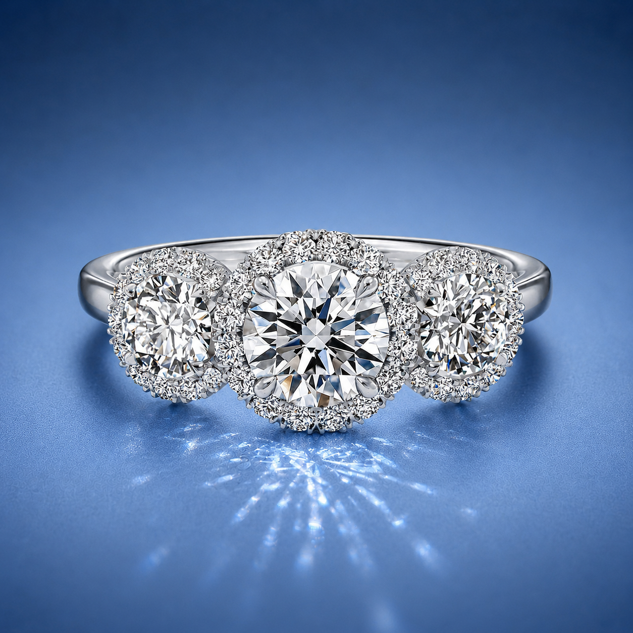 Klaris Round Three Stone Halo Engagement Ring