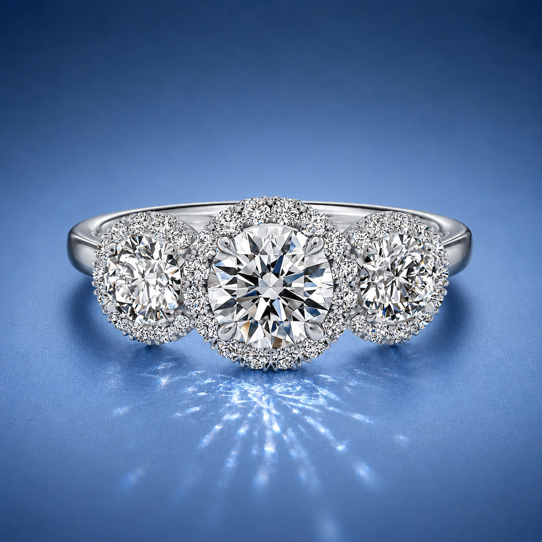 Klaris Round Three Stone Halo Engagement Ring