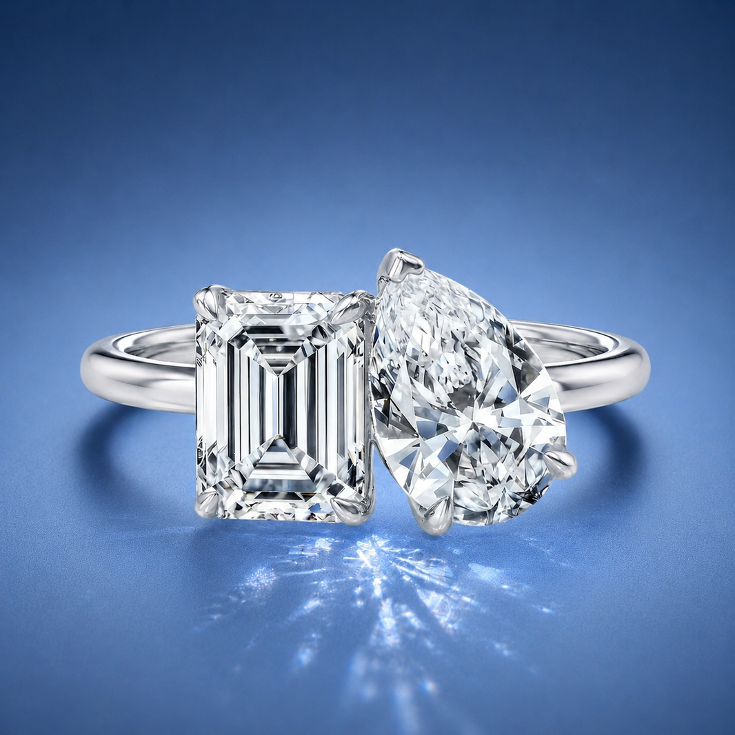 Monaco Emerald & Pear Toi et Moi Engagement Ring